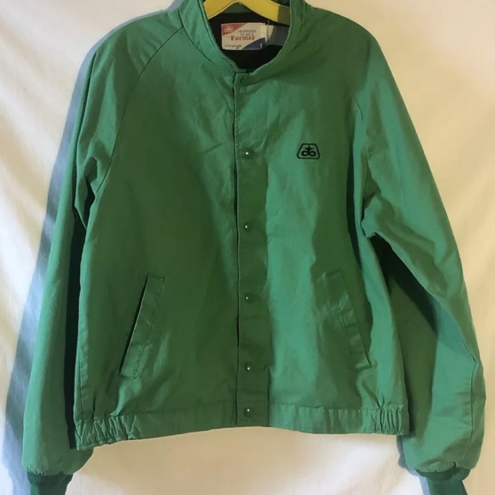 Vtg Swingster Mens L Proud to be a Farmer Green Snap Button Up Jacket Pockets